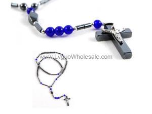 Blue Cat's Eye Opal Beads Hematite Cross Pendant Rosary Necklace Jewelry
